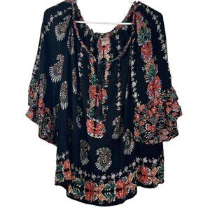 Women's Bila Bohemian Off Shoulders Black Floral Bell Sleeve Blouse Size XXL EUC